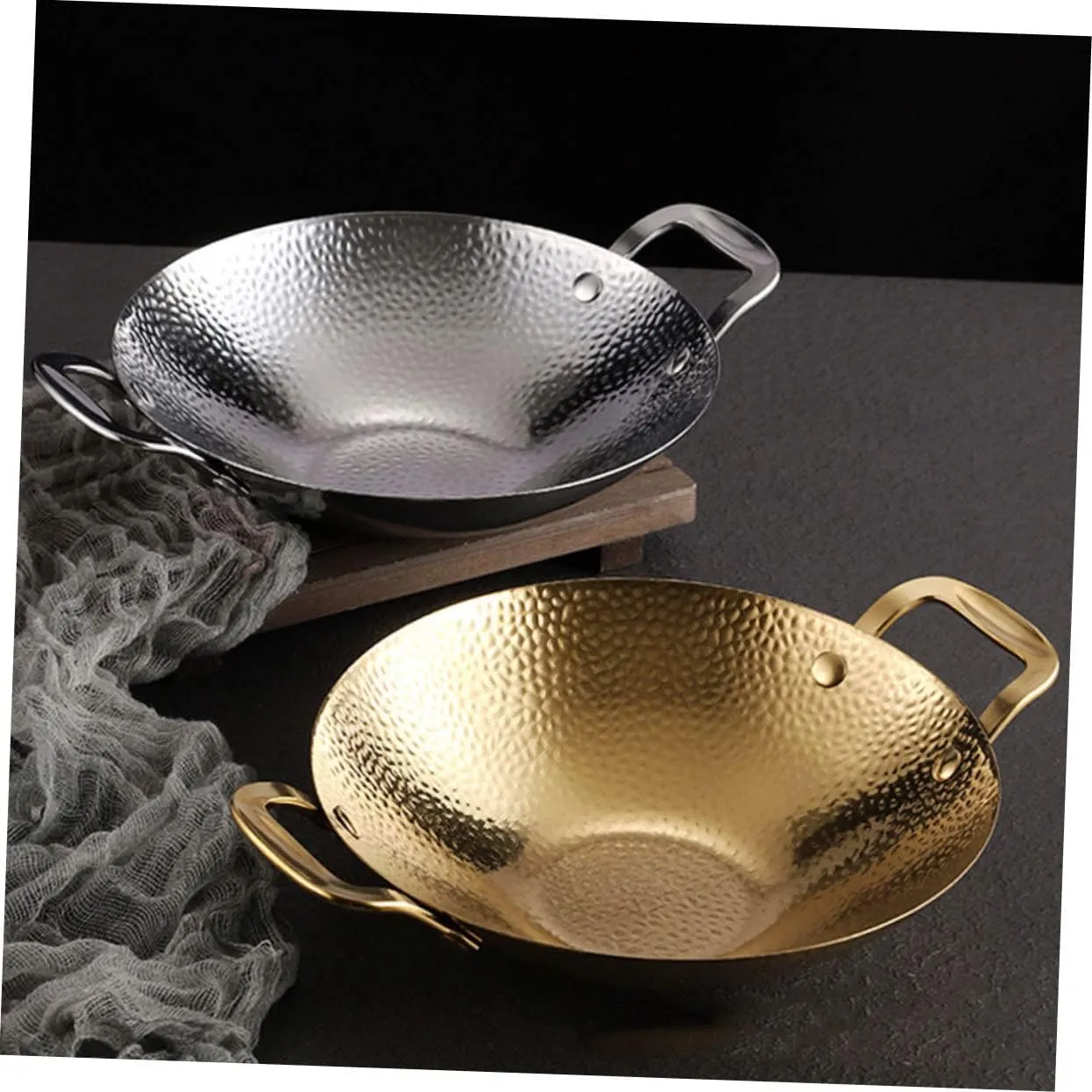 Cabilock Double Handle Stainless Steel Wok Hammered Design Cooking Pot for Home and Restaurant Efficient Heat Transfer for Gas and Electric Stoves Kitchen Essential