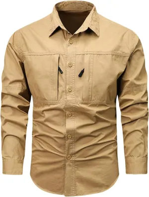 Cambkatl Men's Safari Shirts, Quick-Dry Fishing Hiking Cooling Camping Travel Shirts, Long Sleeve UPF 50  Sun Protection