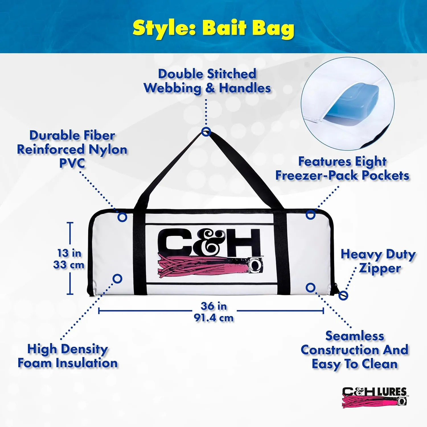 C&H Lures Tournament Fish Bag, X-Large Billfish 40 in x 88 in / 101 cm x 223.5 cm, with Dual Zippers & Drain Plug, White