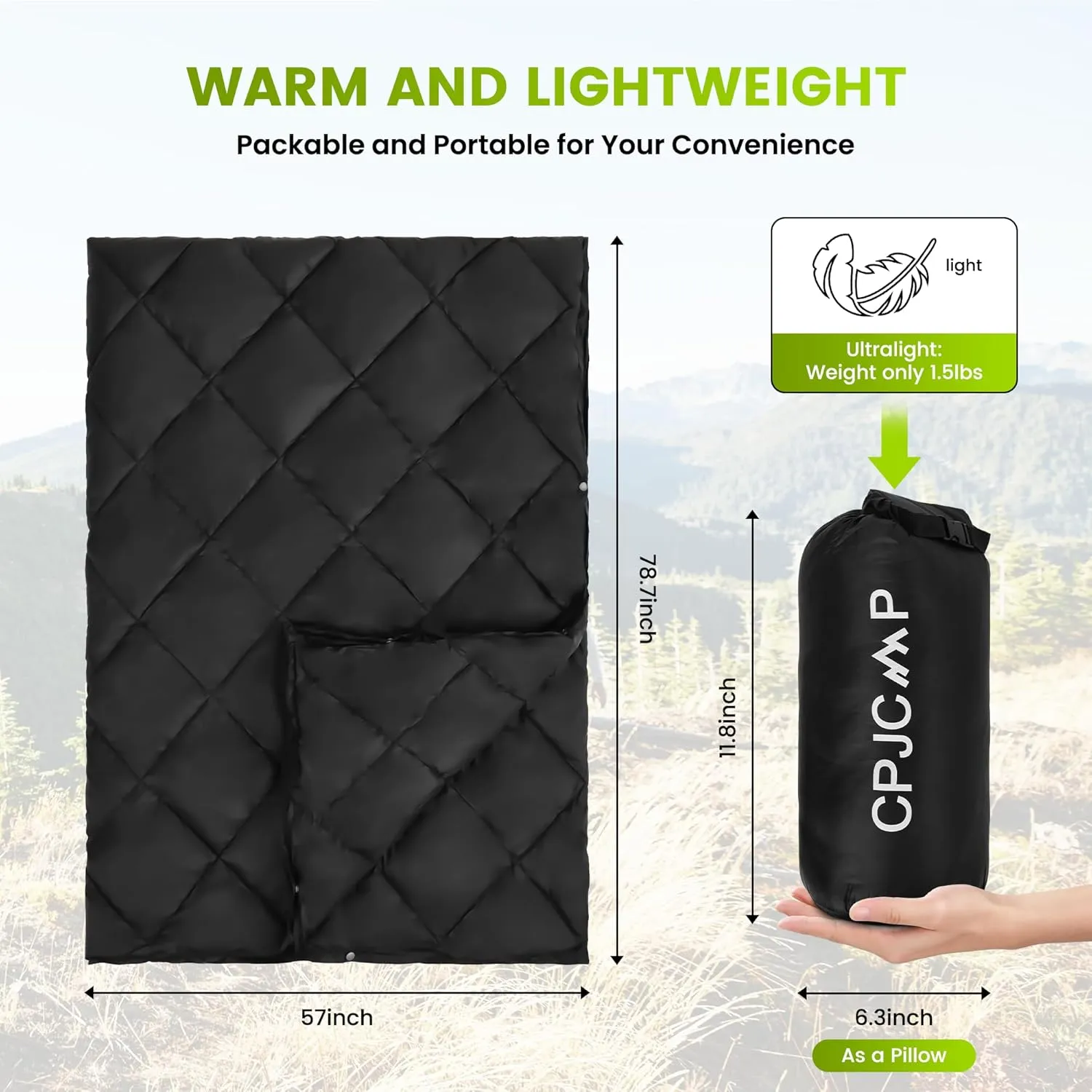 Camping Blanket - Outdoor Travel Blanket, Packable, Puffy Blanket, Lightweight & Multifunctional Quilt for Camping, Hiking, Backpacking,Airplane,Outdoors, Travel, Beach, Black, 57” x 78.7”