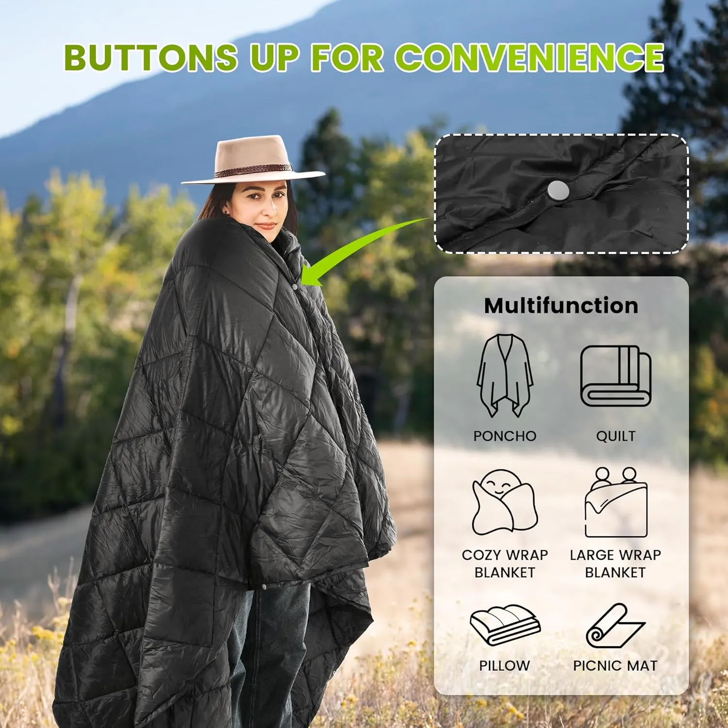 Camping Blanket - Outdoor Travel Blanket, Packable, Puffy Blanket, Lightweight & Multifunctional Quilt for Camping, Hiking, Backpacking,Airplane,Outdoors, Travel, Beach, Black, 57” x 78.7”