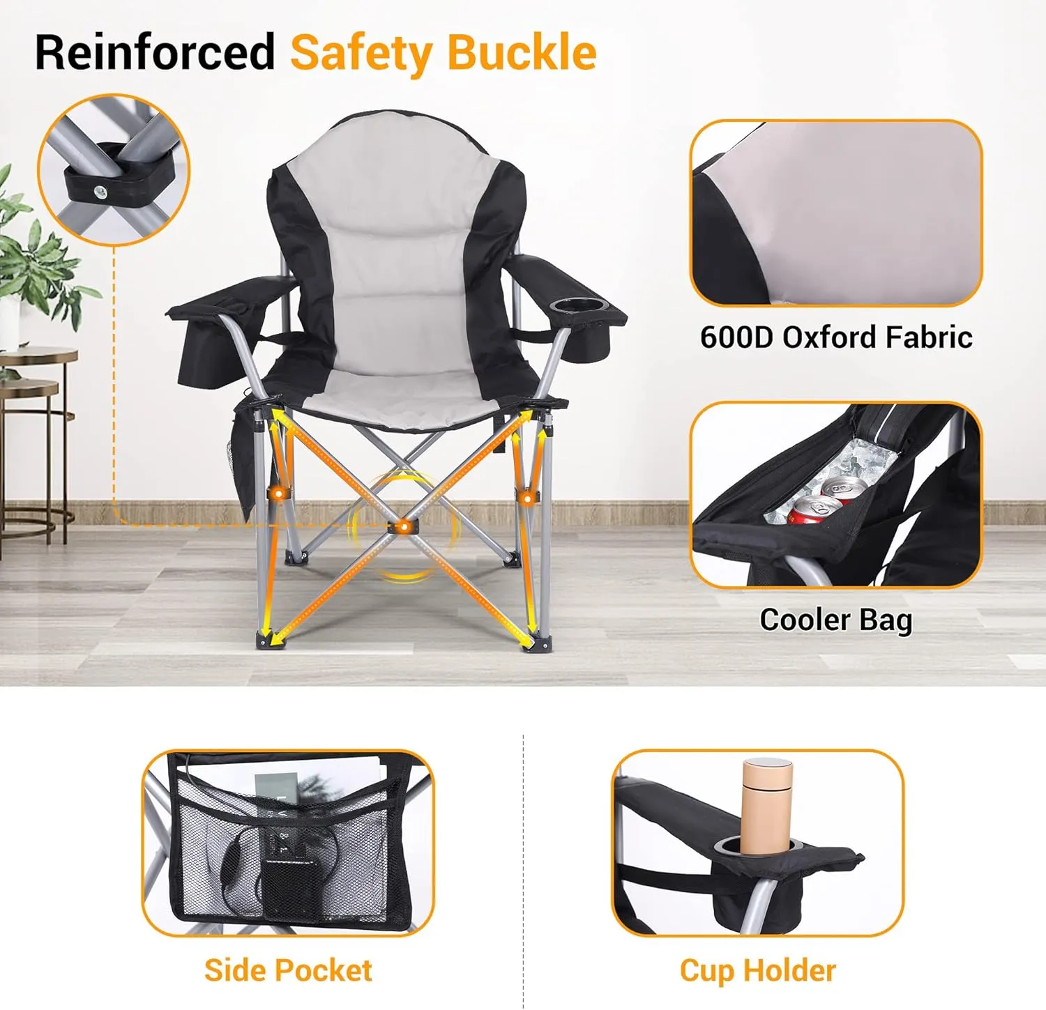 Camping Chair, Folding Chair, Outdoor Heated Chairs, Heated Camping Chairs, Adjustable Chair Back with 12V 10000mAh Battery, Carry Bag, Cooler Bag, Cup Holder and Zippered Holder (Set of 1)