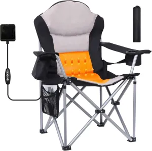 Camping Chair, Folding Chair, Outdoor Heated Chairs, Heated Camping Chairs, Adjustable Chair Back with 12V 10000mAh Battery, Carry Bag, Cooler Bag, Cup Holder and Zippered Holder (Set of 1)