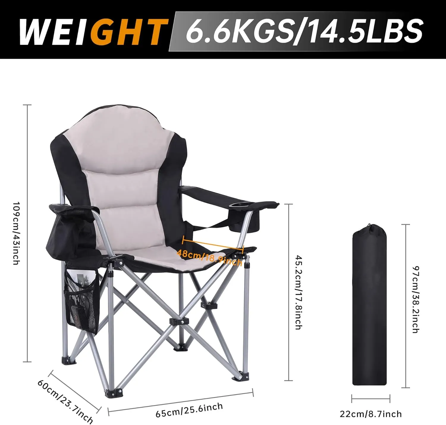 Camping Chair, Folding Chair, Outdoor Heated Chairs, Heated Camping Chairs, Adjustable Chair Back with 12V 10000mAh Battery, Carry Bag, Cooler Bag, Cup Holder and Zippered Holder (Set of 1)