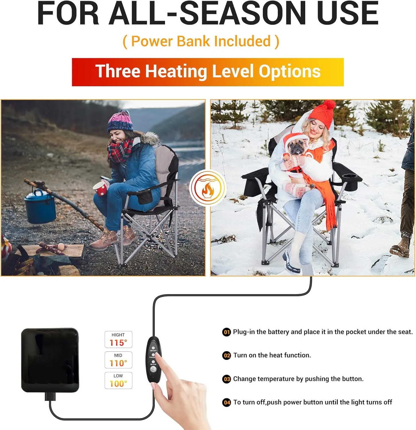 Camping Chair, Folding Chair, Outdoor Heated Chairs, Heated Camping Chairs, Adjustable Chair Back with 12V 10000mAh Battery, Carry Bag, Cooler Bag, Cup Holder and Zippered Holder (Set of 1)