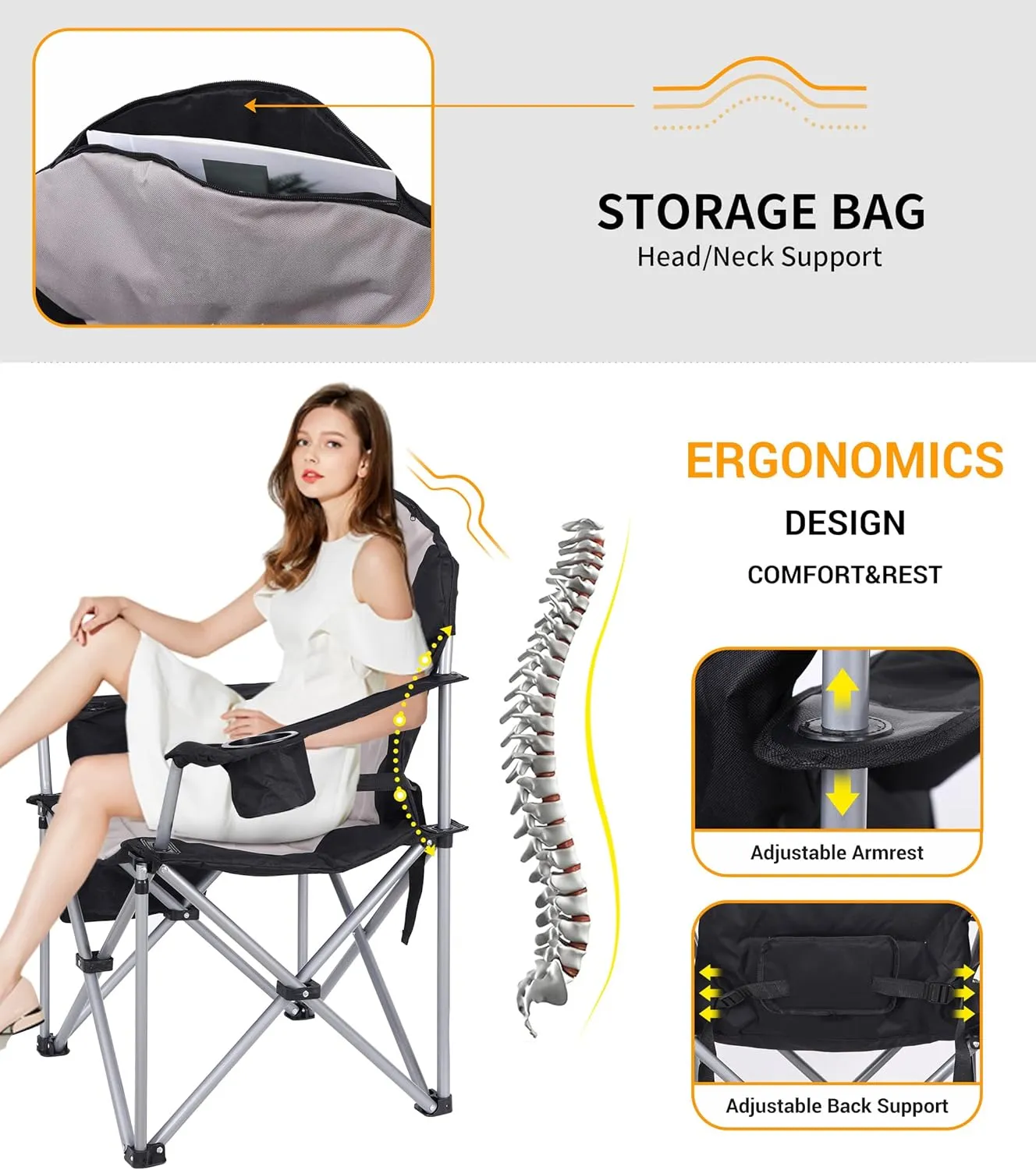 Camping Chair, Folding Chair, Outdoor Heated Chairs, Heated Camping Chairs, Adjustable Chair Back with 12V 10000mAh Battery, Carry Bag, Cooler Bag, Cup Holder and Zippered Holder (Set of 1)