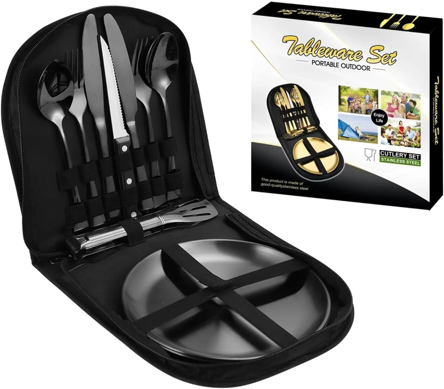 Camping Mess Kits with Portable Case, Stainless Steel Outdoor Picnic Dinnerware Set with Plate Spoon Fork Knife Cloth Napkins