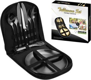 Camping Mess Kits with Portable Case, Stainless Steel Outdoor Picnic Dinnerware Set with Plate Spoon Fork Knife Cloth Napkins