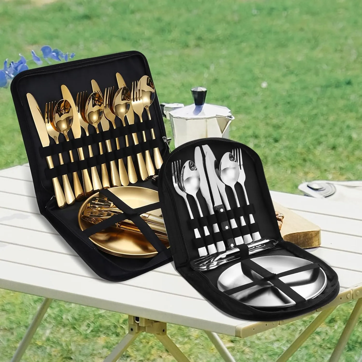 Camping Mess Kits with Portable Case, Stainless Steel Outdoor Picnic Dinnerware Set with Plate Spoon Fork Knife Cloth Napkins