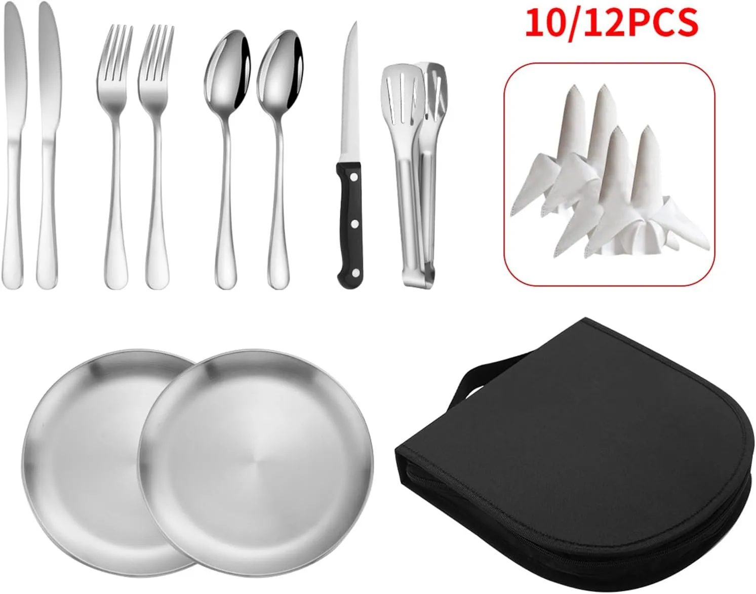 Camping Mess Kits with Portable Case, Stainless Steel Outdoor Picnic Dinnerware Set with Plate Spoon Fork Knife Cloth Napkins