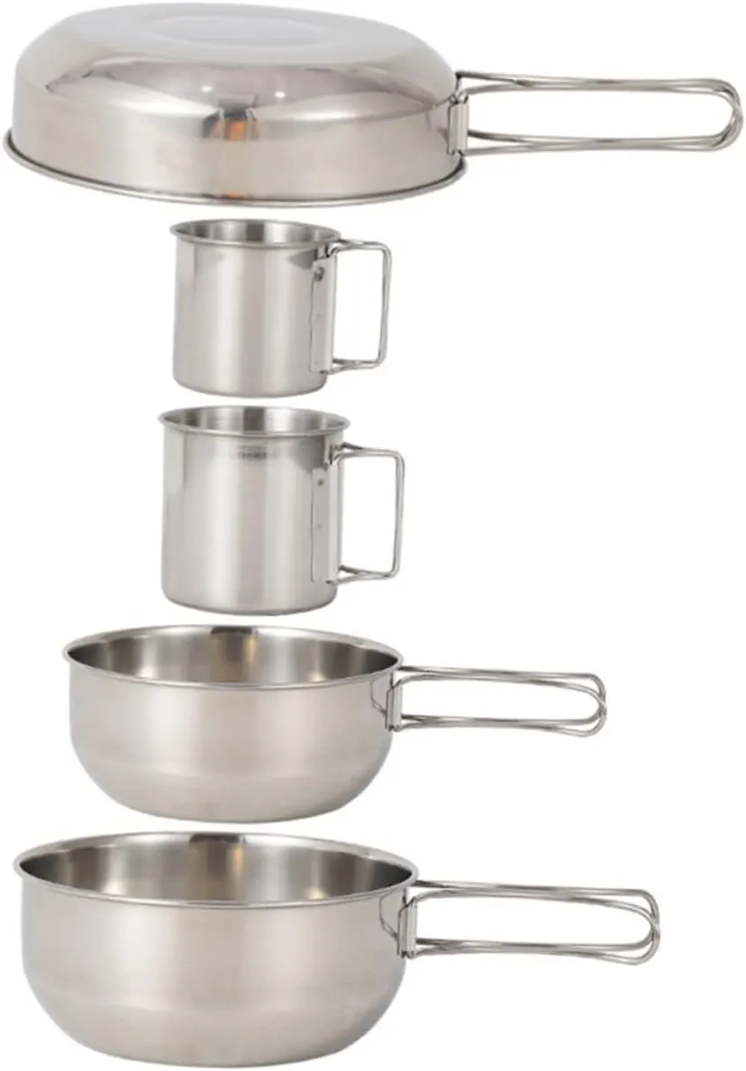 Camping Tableware Set 5pc Stainless Steel Cup Pot Cutlery for Outdoor Use