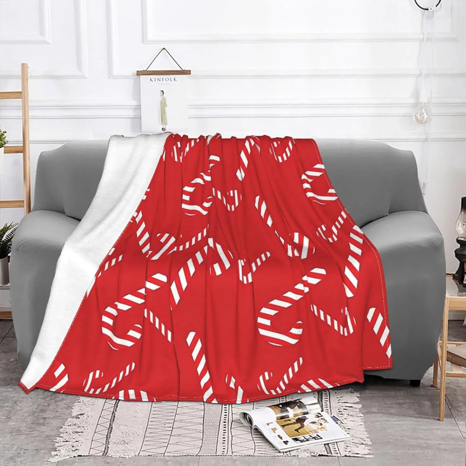 Candy Cane Pattern 60"X50" Flannel Blanket - 100% Soft Polyester, Lightweight and Warm, Suitable for Families, Camping, Travel