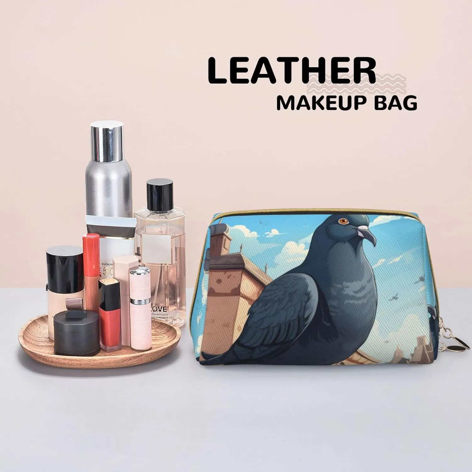 Cartoon Pigeon Leather Toiletry Travel Bag, Compact Makeup Organizer For Women