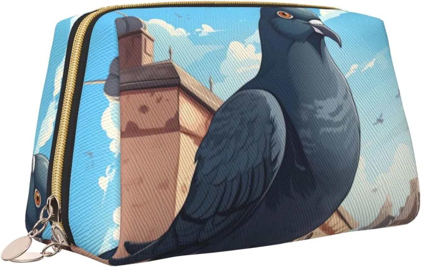 Cartoon Pigeon Leather Toiletry Travel Bag, Compact Makeup Organizer For Women