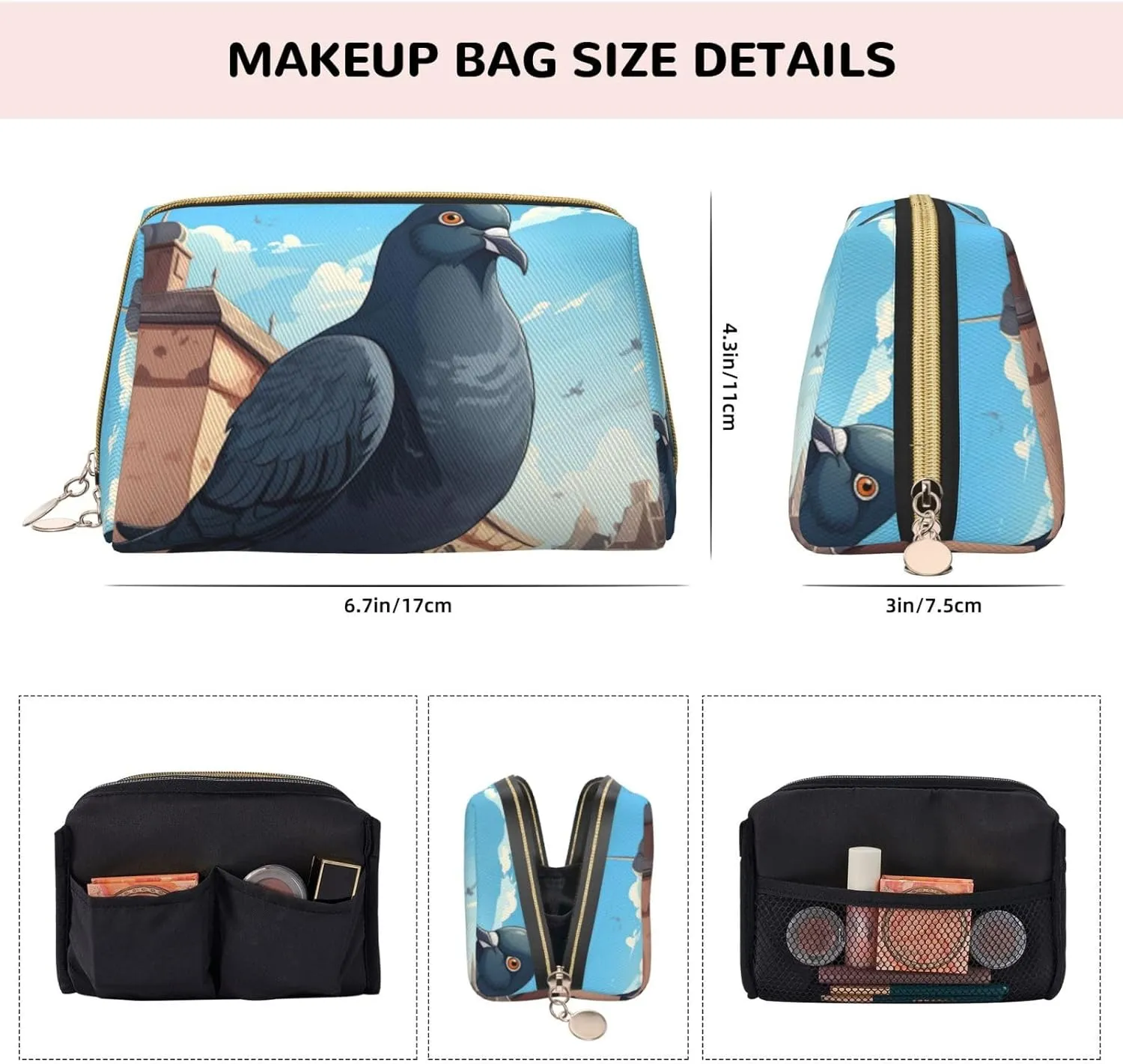 Cartoon Pigeon Leather Toiletry Travel Bag, Compact Makeup Organizer For Women