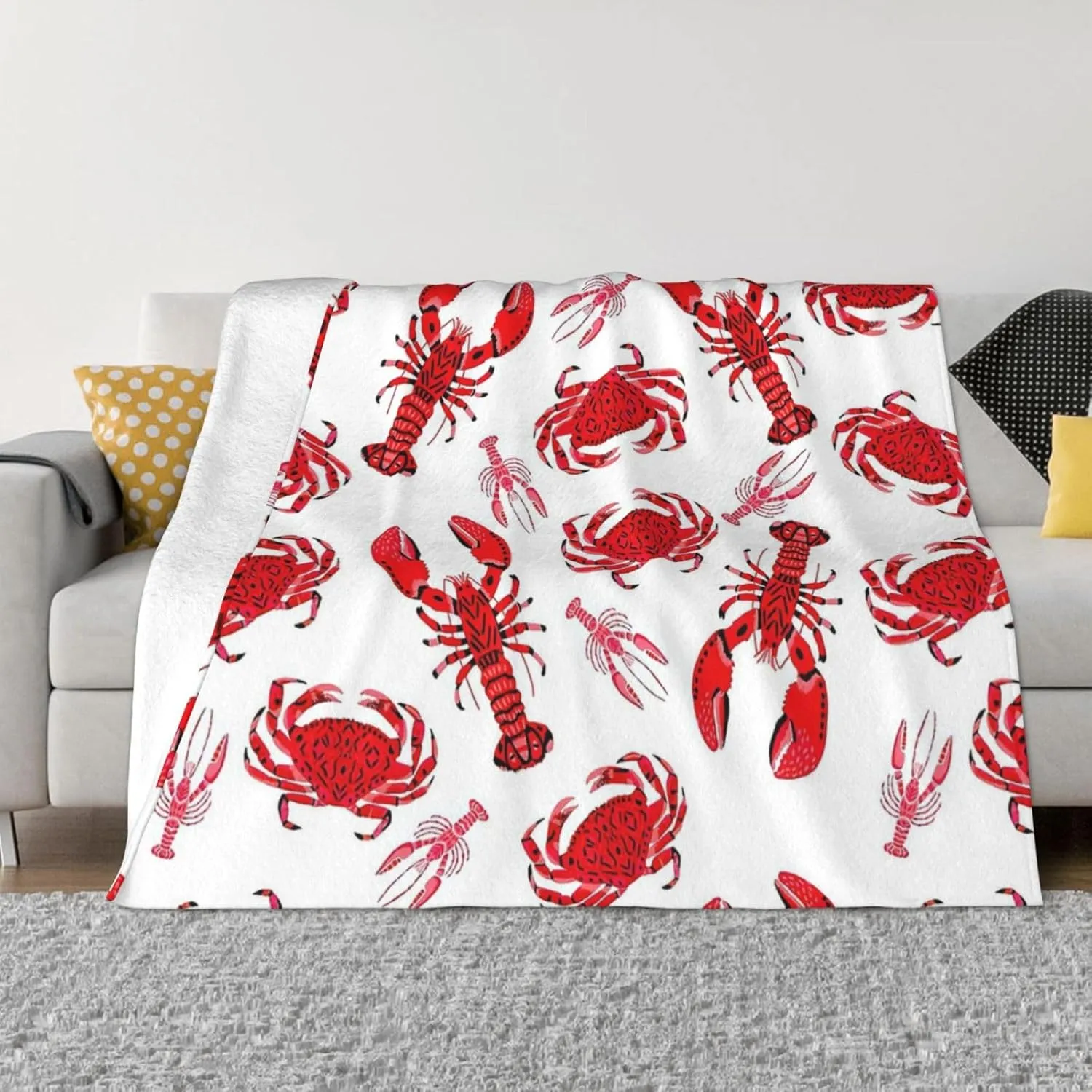 Cartoon Red Crab Lobster 60"X50" Flannel Blanket - 100% Soft Polyester, Lightweight and Warm, Suitable for Families, Camping, Travel