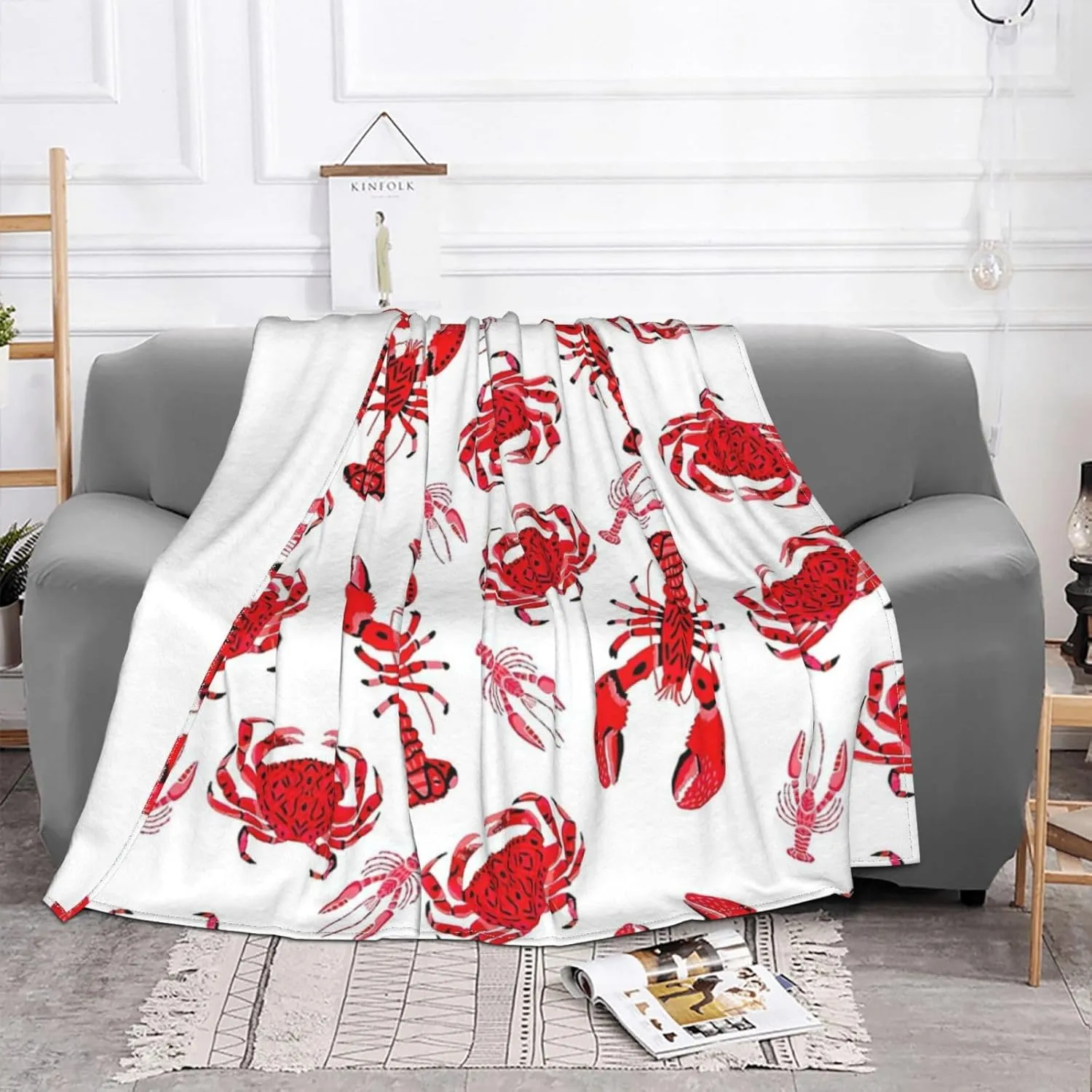 Cartoon Red Crab Lobster 60"X50" Flannel Blanket - 100% Soft Polyester, Lightweight and Warm, Suitable for Families, Camping, Travel