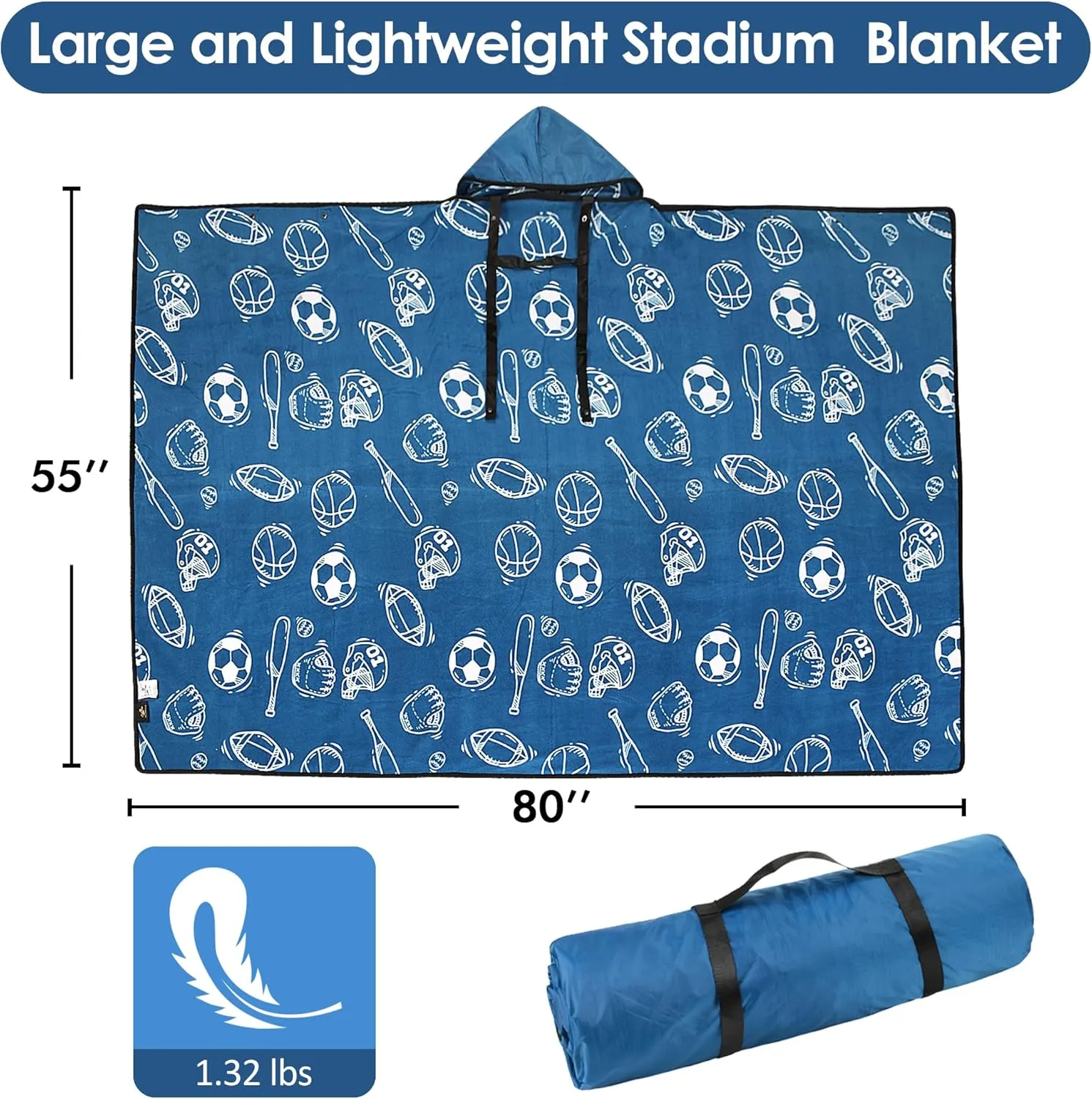 Catalonia Waterproof Stadium Blanket, Windproof Wearable Poncho for Football Sideline & Sports Events for Fans, Portable, Durable Outdoor Blanket for Camping & Tailgating