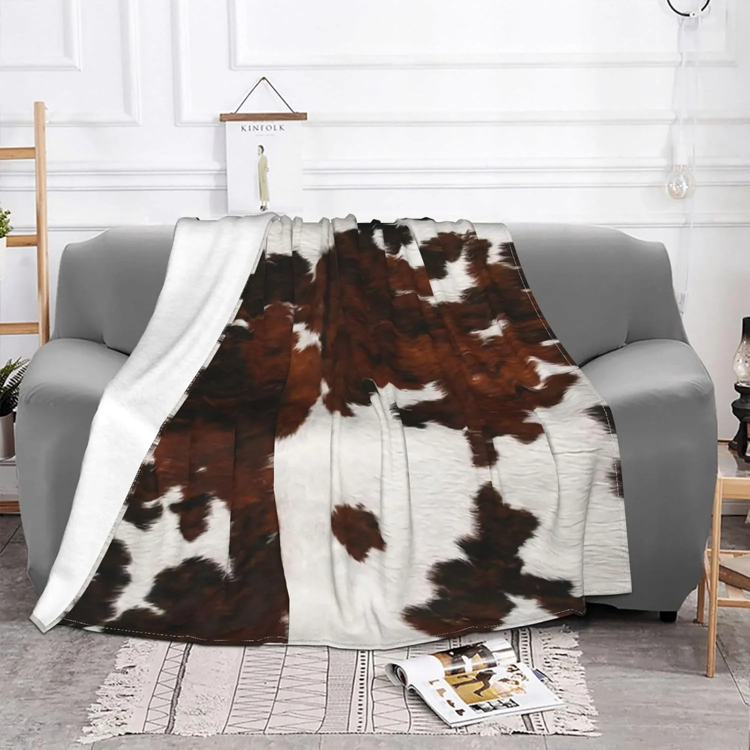 Cattle Fake Cow Print 60"X50" Flannel Blanket - 100% Soft Polyester, Lightweight and Warm, Suitable for Families, Camping, Travel