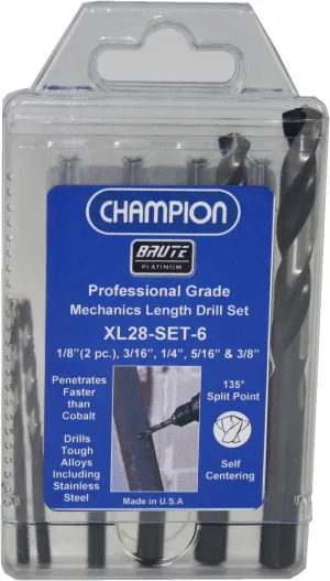 Champion Cutting Tool XL28-SET-6 Brute Platinum Mechanics Length Twist Drill Set, 6-Piece