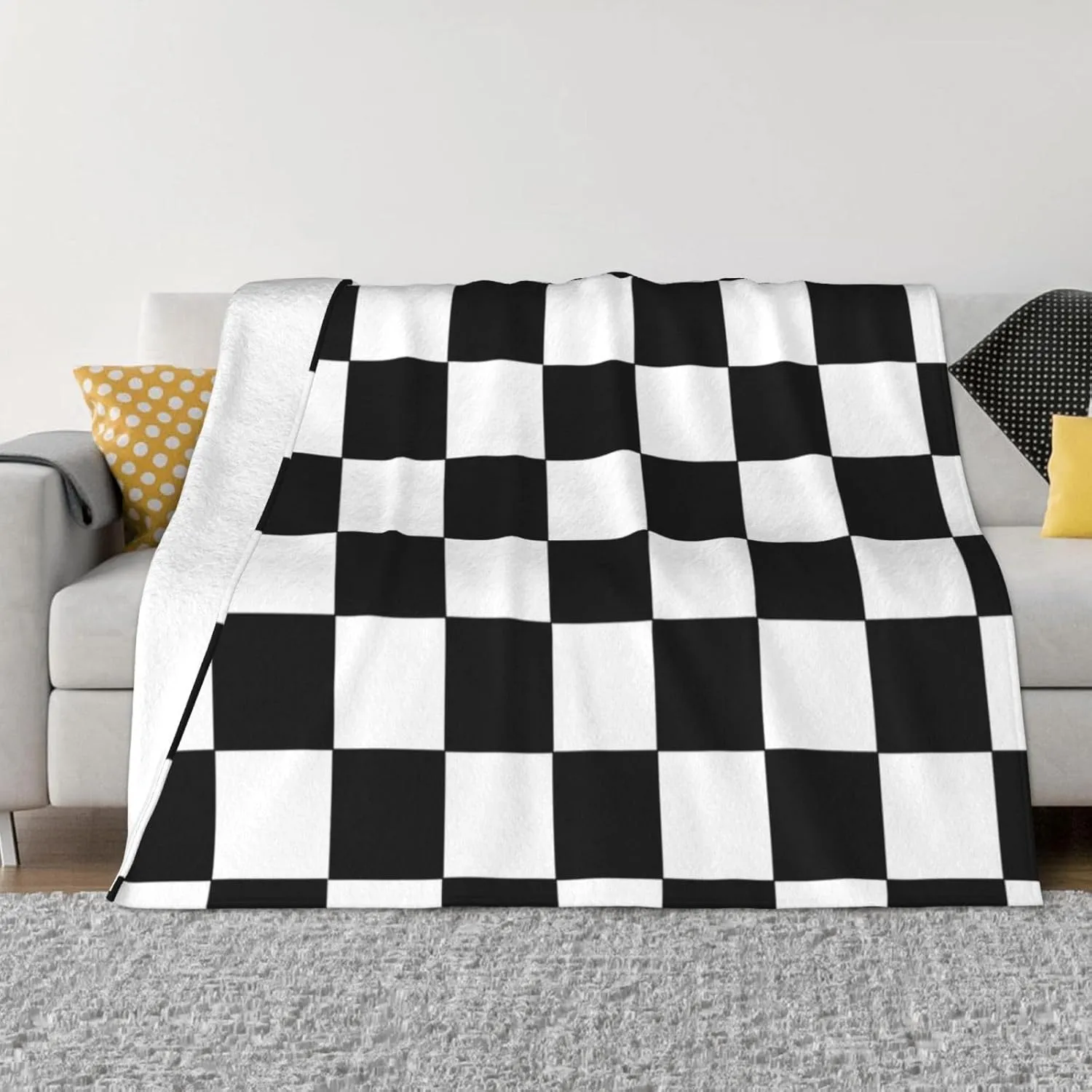 Checkered Black and White 60"X50" Flannel Blanket - 100% Soft Polyester, Lightweight and Warm, Suitable for Families, Camping, Travel