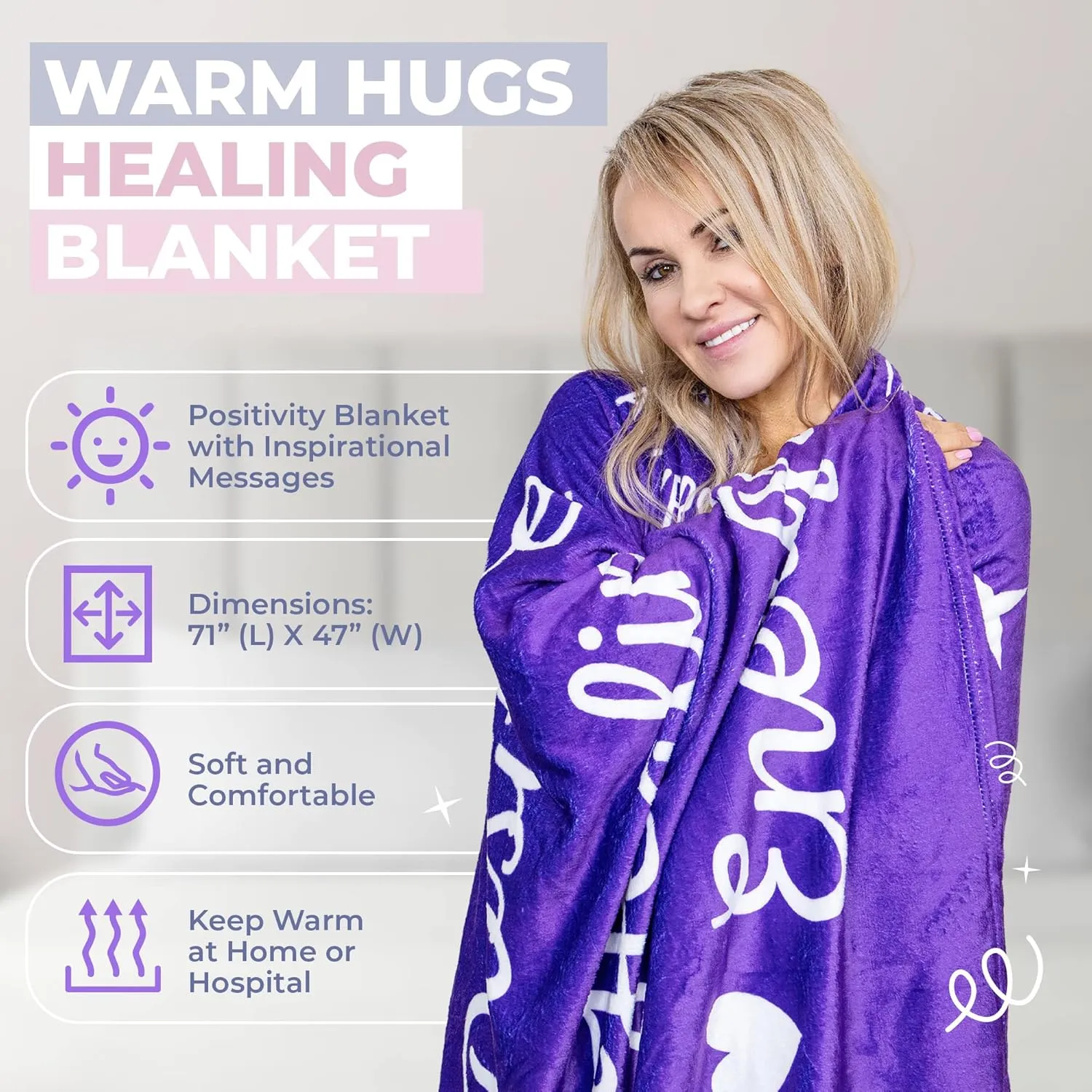 Chemo Care Package for Women, Cancer Care Gifts for Women, Gifts for Cancer Patients, Get Well Soon Gift Basket Includes Travel Mug, Healing Blanket 47”x71” (Purple)