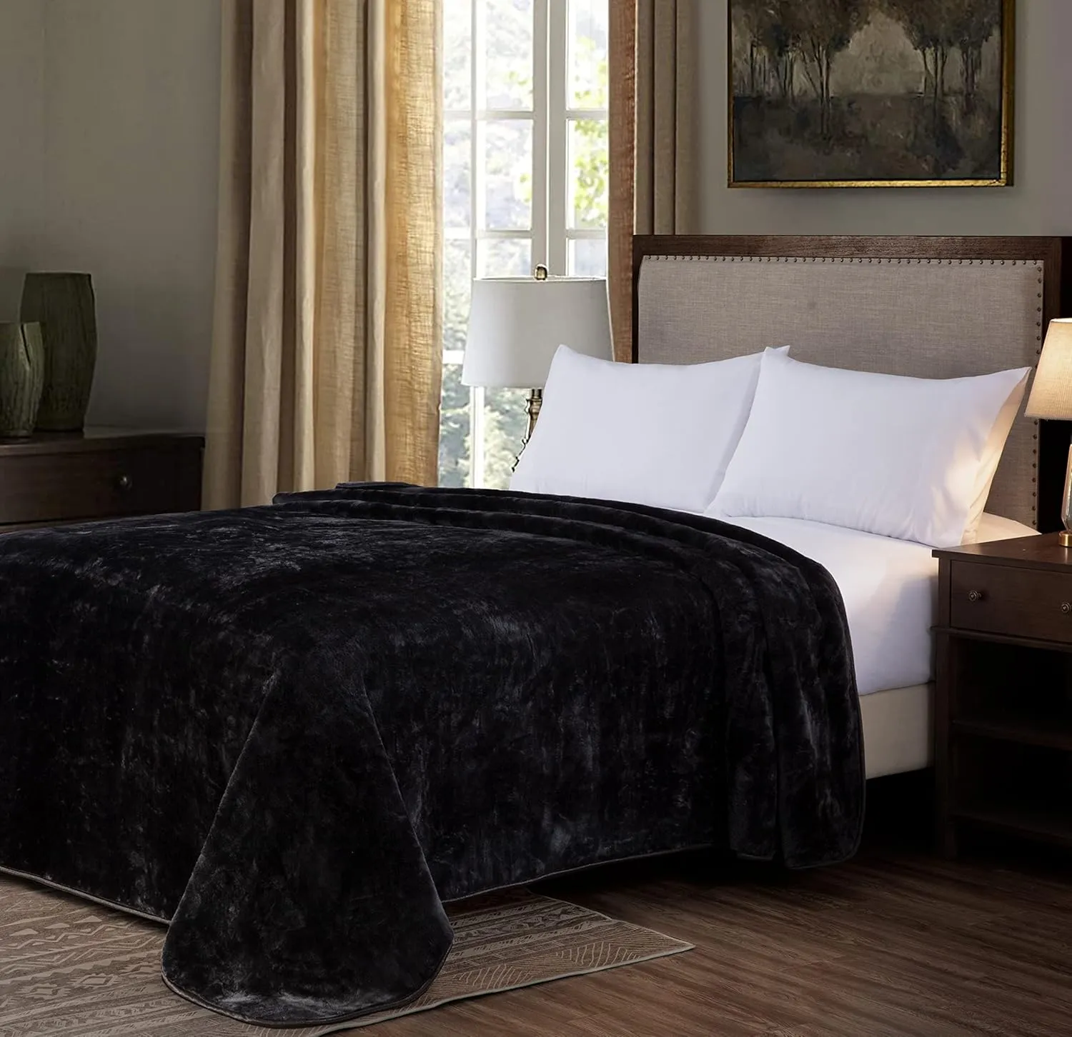 Chezmoi Collection Heavy Single Ply 9 Lbs Korean Style Faux Mink Blanket, 750GSM Thick Silky Soft Plush Raschel Mink Blanket, 85" x 95" King, Solid Black