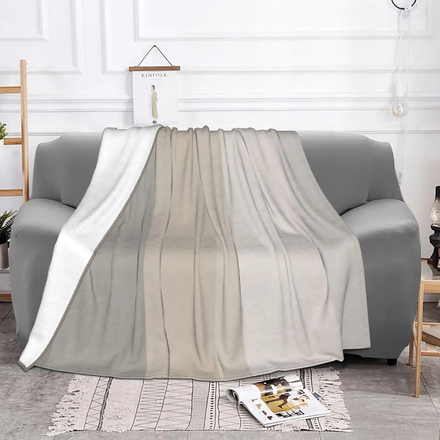 Chic Taupe, Cream and Gray Striped 80"X60" Flannel Blanket - 100% Soft Polyester, Lightweight and Warm, Suitable for Families, Camping, Travel