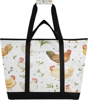Chickens Reusable Insulated Cooler Bag with Ice Pack Compartment - Large 47L Waterproof Thermal Grocery Tote for Picnic Beach Camping Lunch Storage