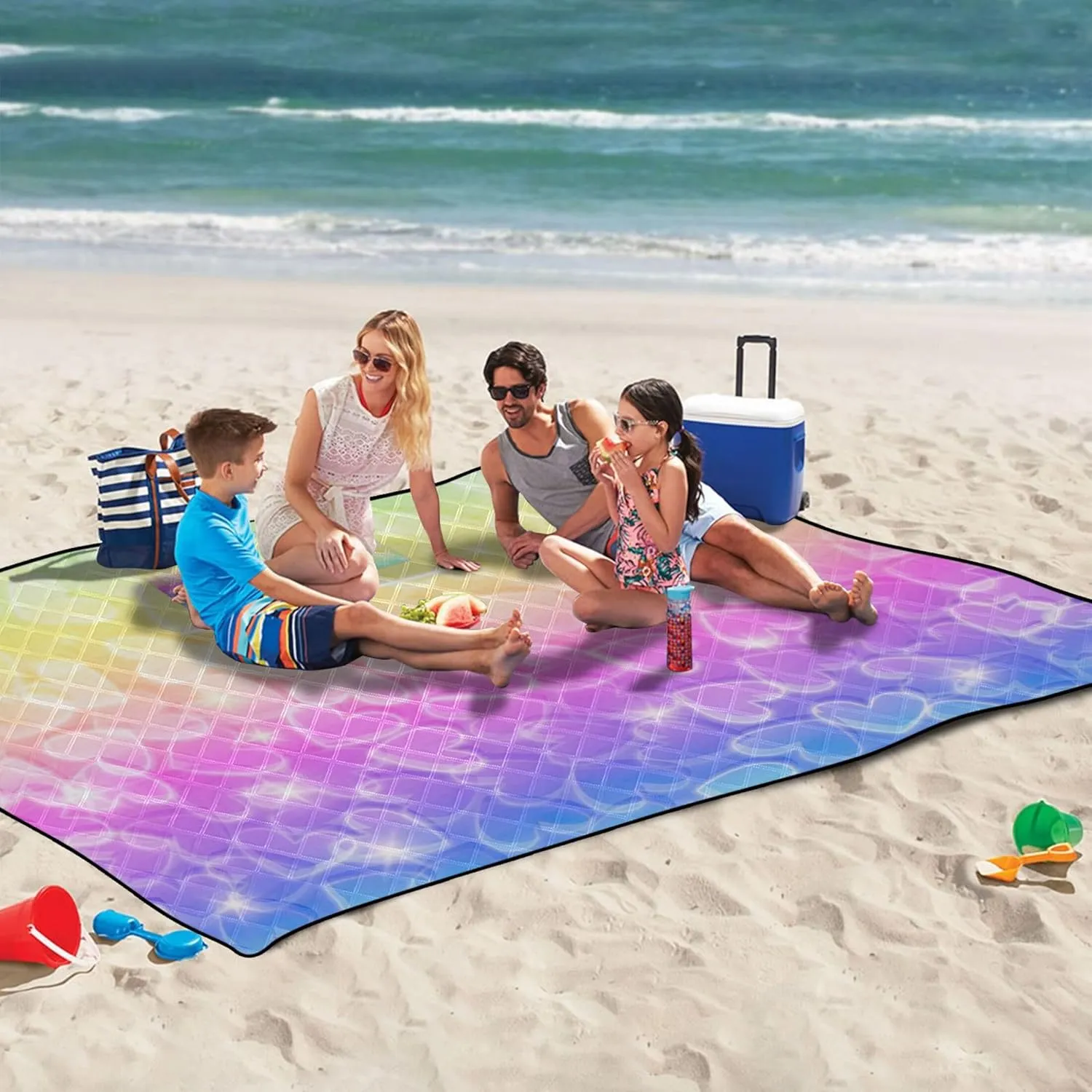 CHIFIGNO Shiny Rainbow Iridescent Picnic Supplies Foldable Mat Beach Blankets Waterproof Sandproof Outdoor Blankets for Grass 80" x 60"