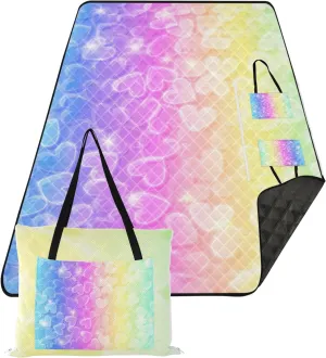 CHIFIGNO Shiny Rainbow Iridescent Picnic Supplies Foldable Mat Beach Blankets Waterproof Sandproof Outdoor Blankets for Grass 80" x 60"