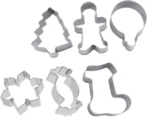 Ciieeo 6Pcs Christmas Themed Baking Molds Gingerbread Man Boot Bell Candy Christmas Tree and Snowflake Cookie Cutters for Holiday Baking and Desserts