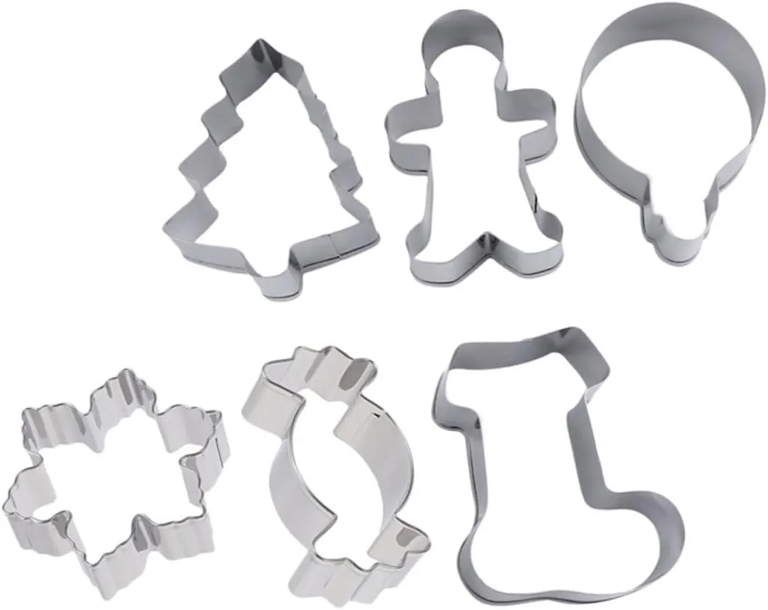 Ciieeo 6Pcs Christmas Themed Baking Molds Gingerbread Man Boot Bell Candy Christmas Tree and Snowflake Cookie Cutters for Holiday Baking and Desserts