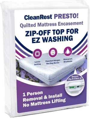CleanRest Presto! Zip-Off Quilted Top Mattress Encasement – Hypoallergenic, Waterproof, Bed Bug Proof Protector – Twin