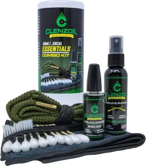 Clenzoil Pistol & Rifle Essentials Gun Cleaning Kit - Complete Gun Cleaning Kit - Easy Firearm Maintenance - with Bore Cleaner, Microfiber Towel, CLP Spray & Oiler - 9 mm / 38 Caliber