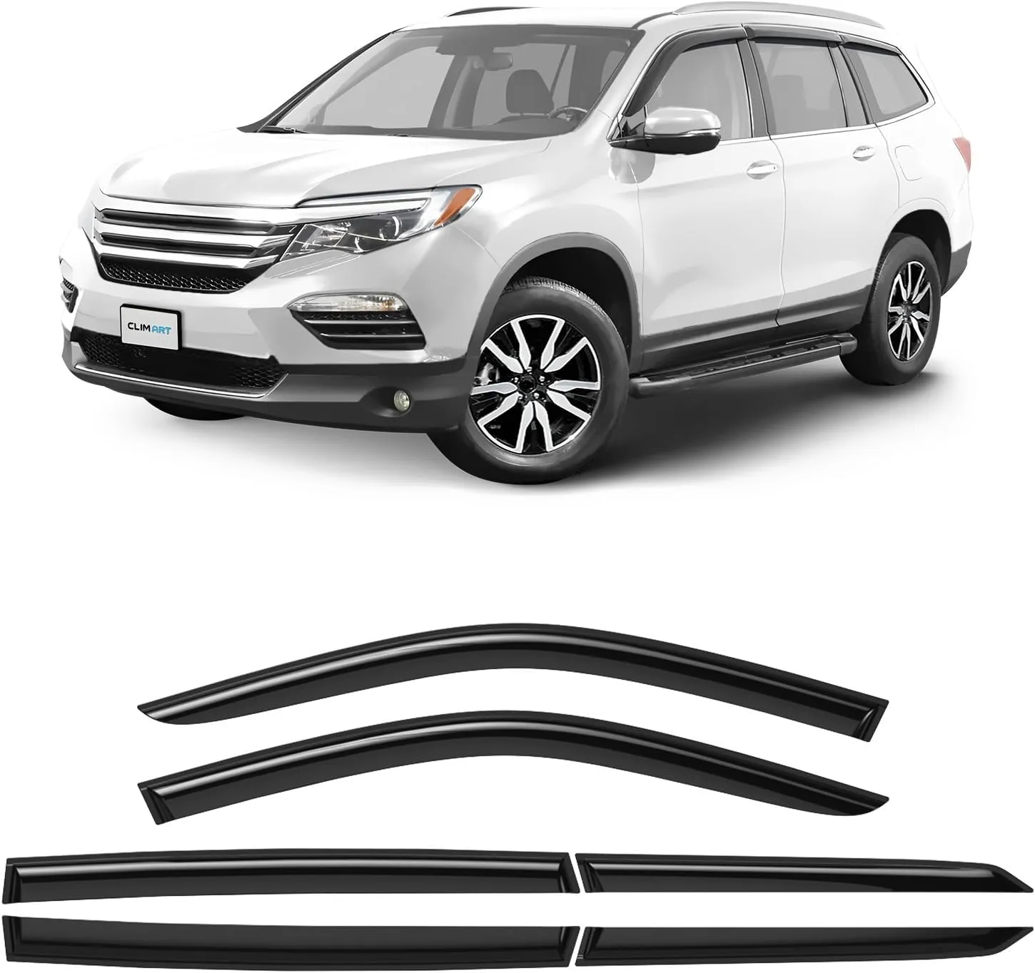 CLIM ART Incredibly Durable Rain Guards for Honda Pilot 2016-2022, Original Tape-on Window Deflectors, Vent Deflector, Window Visors, Car Accessories, 6pcs. - 516140