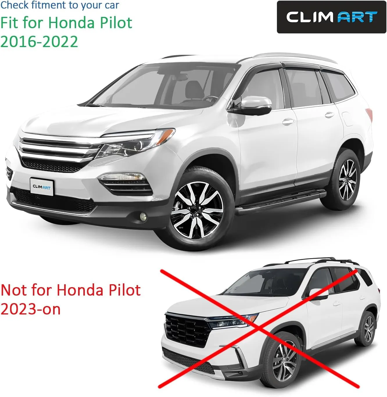 CLIM ART Incredibly Durable Rain Guards for Honda Pilot 2016-2022, Original Tape-on Window Deflectors, Vent Deflector, Window Visors, Car Accessories, 6pcs. - 516140