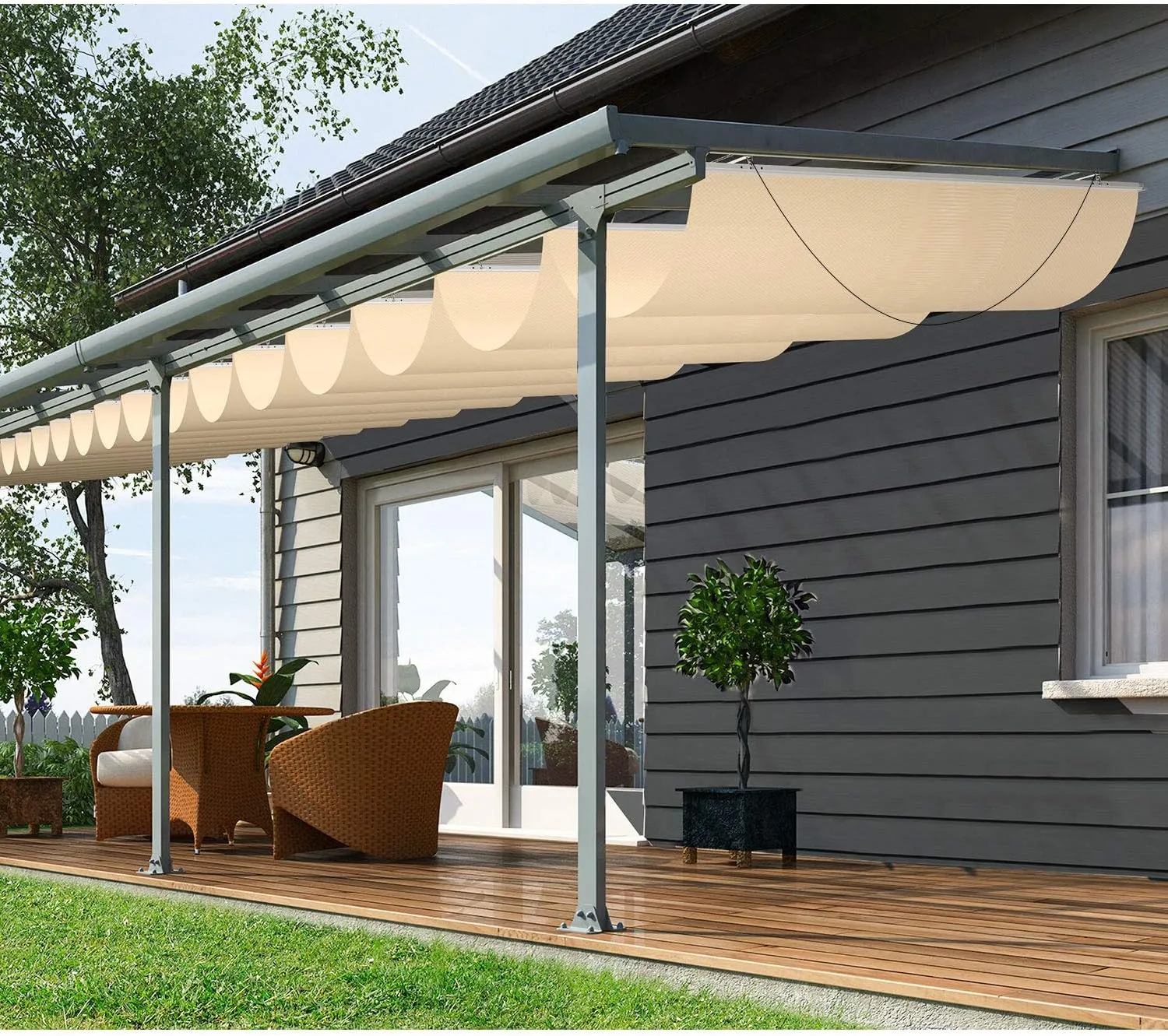 COARBOR 4'x12' Retractable Wave Shade Cover Outdoor Waterproof Retractable Shade Sail Cover Pergola Awning Deck Patio Backyard Wave Shade Beige