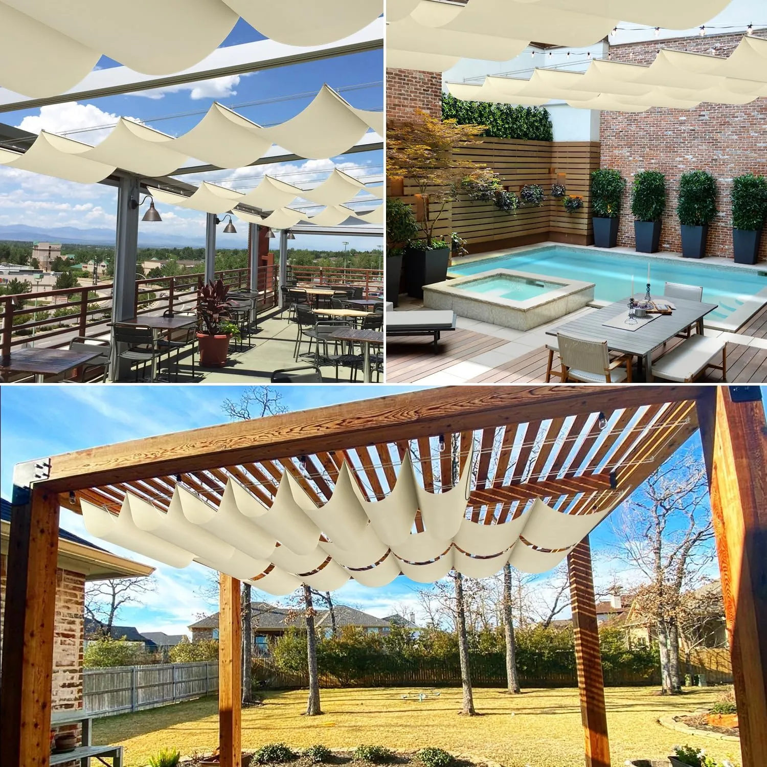 COARBOR 4'x12' Retractable Wave Shade Cover Outdoor Waterproof Retractable Shade Sail Cover Pergola Awning Deck Patio Backyard Wave Shade Beige