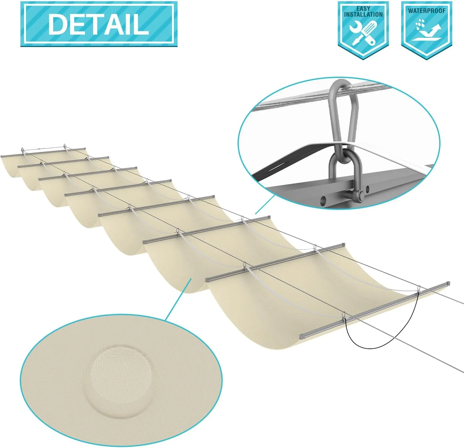 COARBOR 4'x12' Retractable Wave Shade Cover Outdoor Waterproof Retractable Shade Sail Cover Pergola Awning Deck Patio Backyard Wave Shade Beige