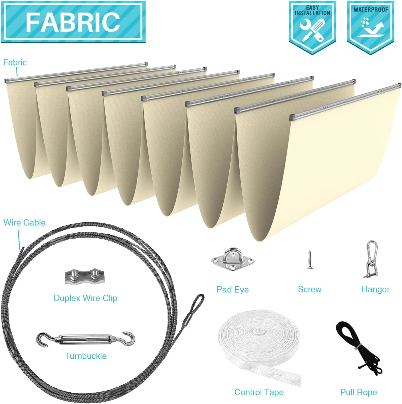 COARBOR 4'x12' Retractable Wave Shade Cover Outdoor Waterproof Retractable Shade Sail Cover Pergola Awning Deck Patio Backyard Wave Shade Beige