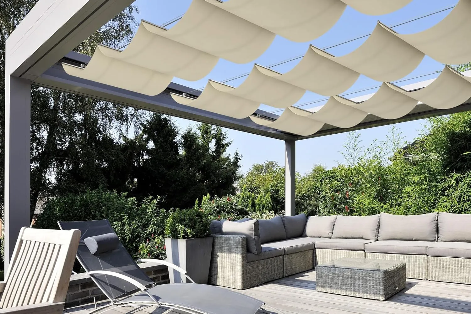 COARBOR 4'x12' Retractable Wave Shade Cover Outdoor Waterproof Retractable Shade Sail Cover Pergola Awning Deck Patio Backyard Wave Shade Beige