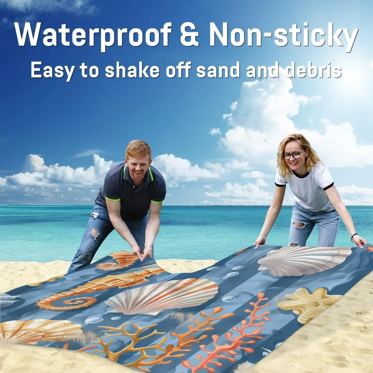 Coastal Nautical Beach Blanket, Sandproof Beach Mat, Adults Waterproof Quick Drying Sand Free Mat with 4 x Ground Spikes for Outdoor Travel Camping Hiking, Seahorse Seashell Starfish