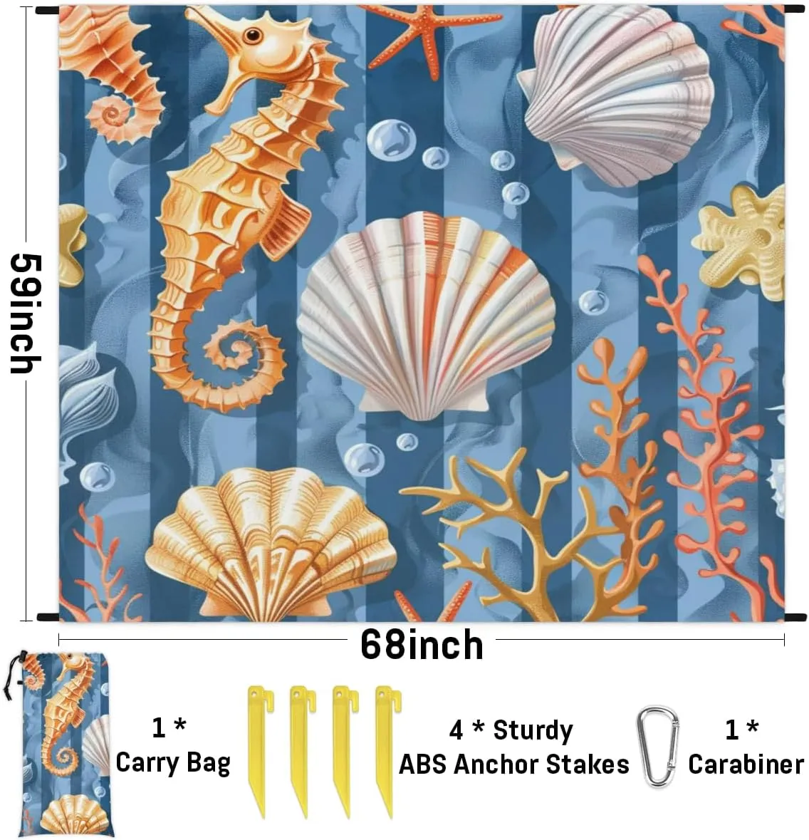 Coastal Nautical Beach Blanket, Sandproof Beach Mat, Adults Waterproof Quick Drying Sand Free Mat with 4 x Ground Spikes for Outdoor Travel Camping Hiking, Seahorse Seashell Starfish