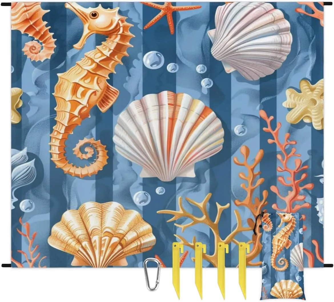 Coastal Nautical Beach Blanket, Sandproof Beach Mat, Adults Waterproof Quick Drying Sand Free Mat with 4 x Ground Spikes for Outdoor Travel Camping Hiking, Seahorse Seashell Starfish