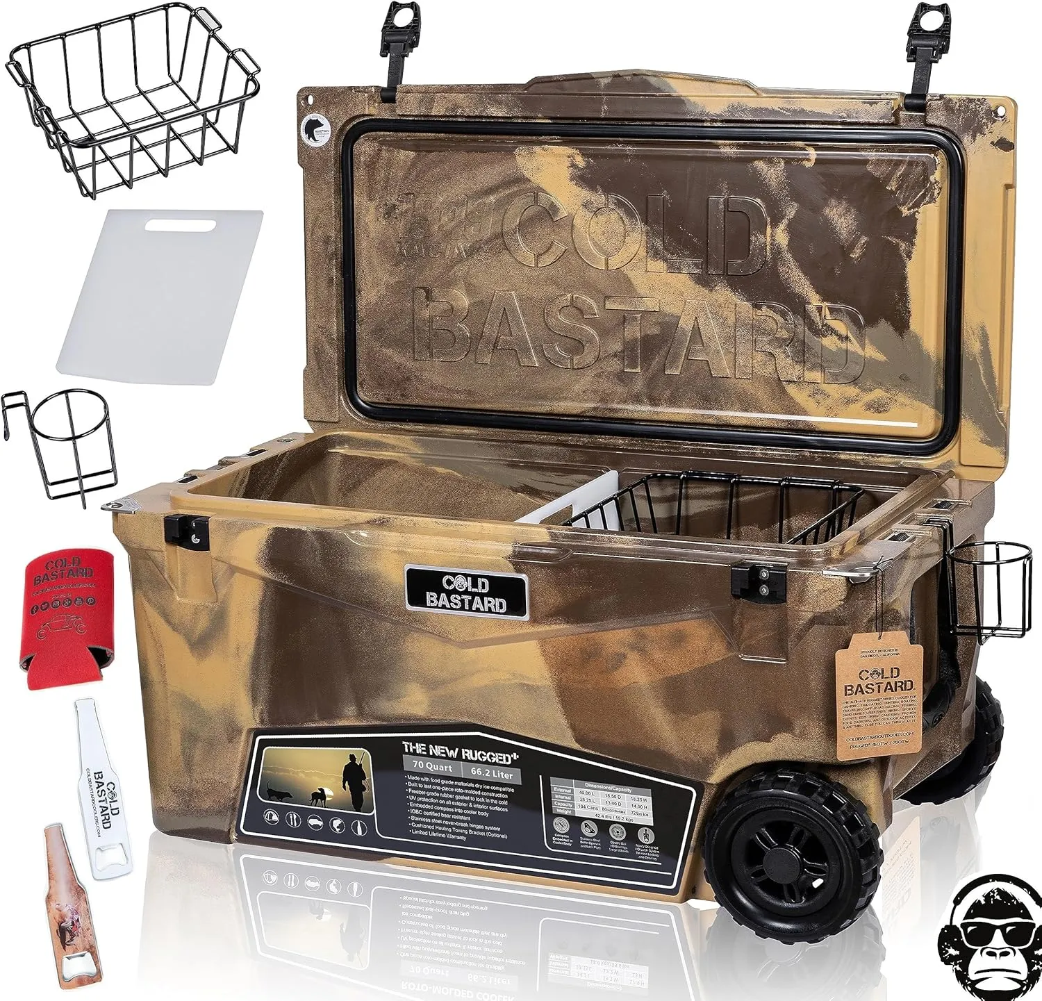 COLD BASTARD COOLERS 70QTW Rugged  CAMO Camel Large Wheels The Best Premium Ice Chest Cooler Accessories Free S&H (CB70W-CC)