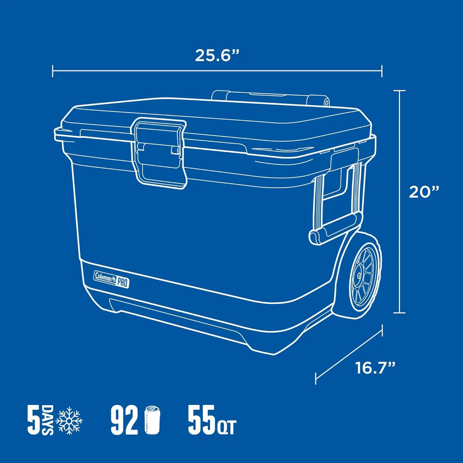 Coleman Pro 55qt Wheeled Ultra-Light Premium Hard Cooler, Extra-Thick Insulation Keeps Ice up to 5 Days, 92-Can Capacity, Heavy-Duty Wheels