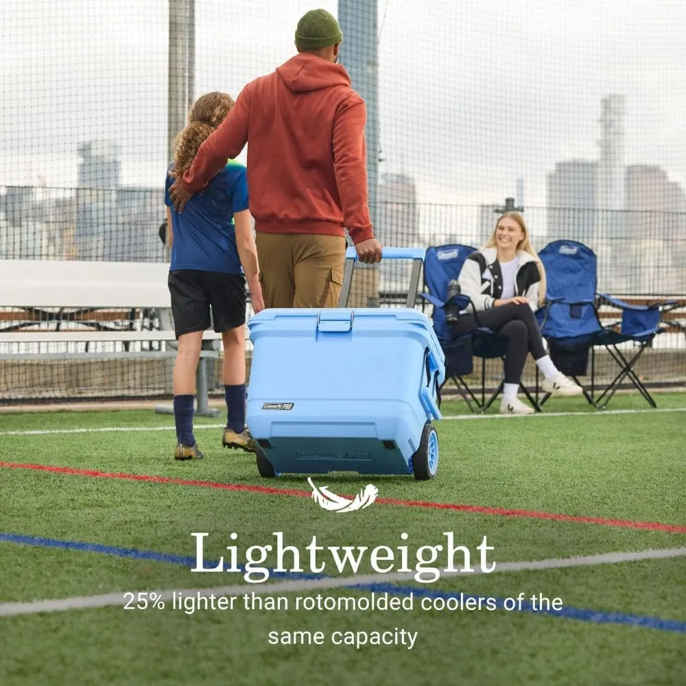 Coleman Pro 55qt Wheeled Ultra-Light Premium Hard Cooler, Extra-Thick Insulation Keeps Ice up to 5 Days, 92-Can Capacity, Heavy-Duty Wheels
