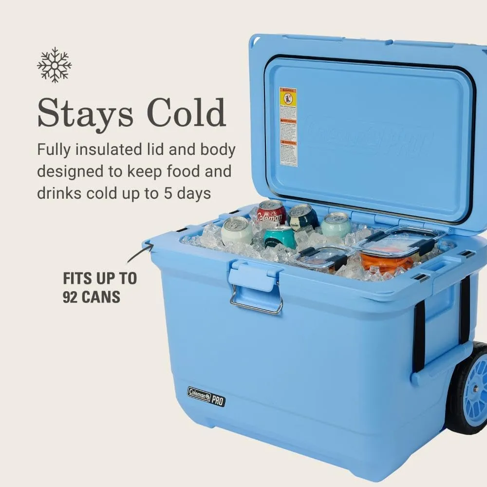 Coleman Pro 55qt Wheeled Ultra-Light Premium Hard Cooler, Extra-Thick Insulation Keeps Ice up to 5 Days, 92-Can Capacity, Heavy-Duty Wheels