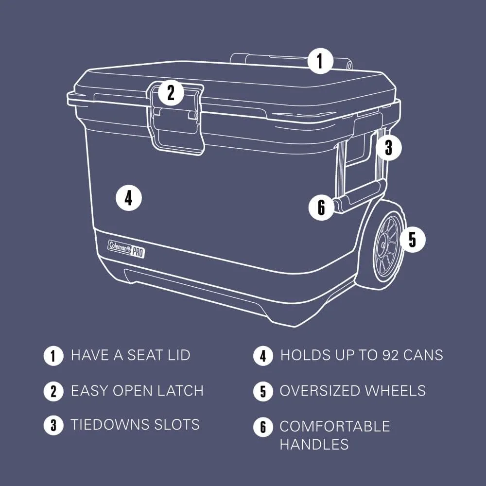 Coleman Pro 55qt Wheeled Ultra-Light Premium Hard Cooler, Extra-Thick Insulation Keeps Ice up to 5 Days, 92-Can Capacity, Heavy-Duty Wheels